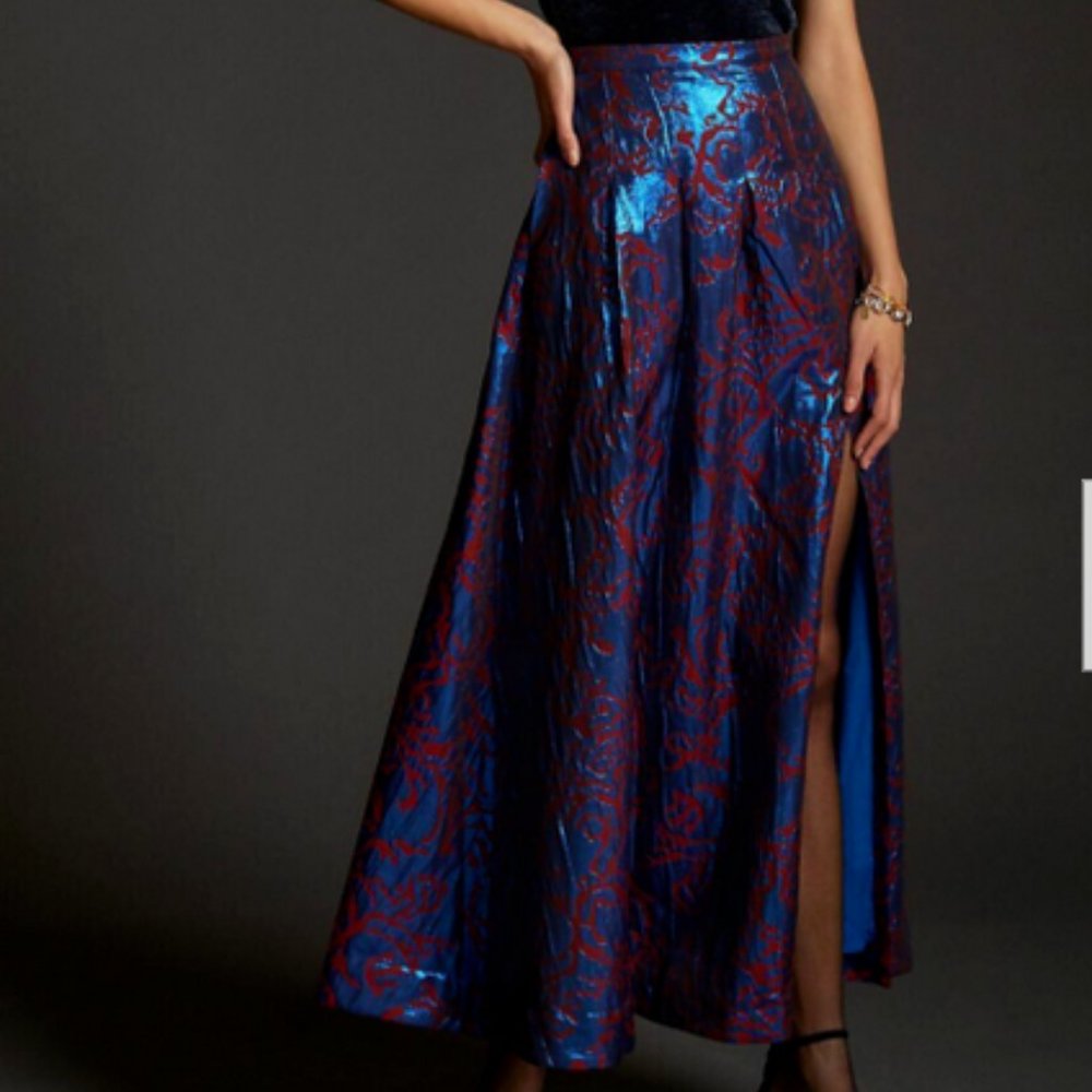 Anthropologie Maeve 4 NWT Pleated Shimmer Maxi Skirt Cocktail Metallic Blue - Picture 10 of 10